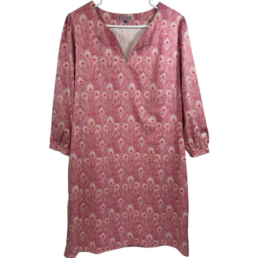 Vilagallo Tunic Dress Women’s 44 L Peacock Print Cotton Artsy Pink Knee Length